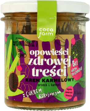 Coco Farm wegański krem karmelowy orzech i karmel, z cukrem kokosowym, w szklanym słoiku, widok z przodu.