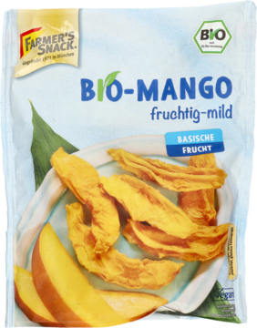 Opakowanie Farmer's Snack Bio-Mango, suszone i świeże plastry mango na talerzu.