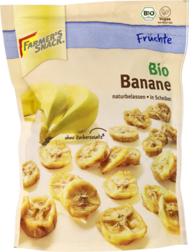 Farmer's Snack Bio Banany suszone w plasterkach, organiczne, bez dodatku cukru, widok opakowania.