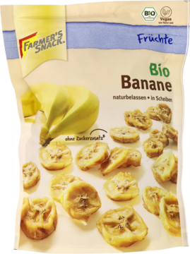 Farmer's Snack Bio Banany suszone w plasterkach, organiczne, bez dodatku cukru, widok opakowania.