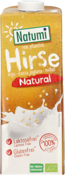 Karton napoju Natumi Hirsche, jaglany, z grafiką mleka i prosa. Biało-brązowy. Wegański, bez laktozy i glutenu.