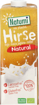 Karton napoju Natumi Hirsche, jaglany, z grafiką mleka i prosa. Biało-brązowy. Wegański, bez laktozy i glutenu.