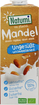 Natumi organic unsweetened plant-based almond milk carton, brown with almonds and white splash, front view.