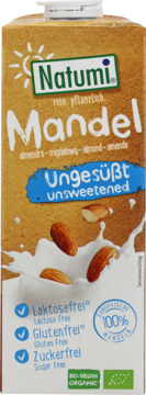 Natumi organic unsweetened plant-based almond milk carton, brown with almonds and white splash, front view.