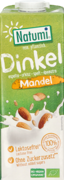 Zielony karton Natumi Dinkel Mandel, napój orkiszowo-migdałowy bez laktozy i cukru, widok z przodu.