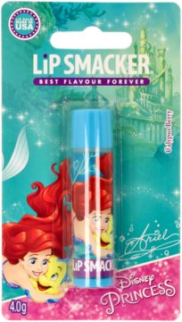 Balsam Lip Smacker Disney Princess Ariel Calypso Berry w blistrze, niebieska tubka z grafiką Arielki i Floundera.