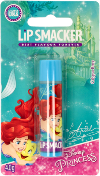 Balsam Lip Smacker Disney Princess Ariel Calypso Berry w blistrze, niebieska tubka z grafiką Arielki i Floundera.