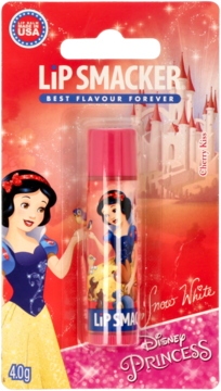 Balsam Lip Smacker Snow White Cherry Kiss w czerwono-białym blistrze z zamkiem i postacią księżniczki, widok z przodu.