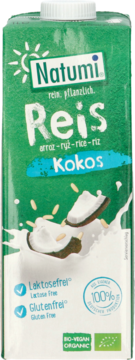 Natumi Reis Kokos, zielony karton roślinnego napoju ryżowo-kokosowego bez laktozy i glutenu, widok z przodu.