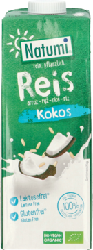 Natumi Reis Kokos, zielony karton roślinnego napoju ryżowo-kokosowego bez laktozy i glutenu, widok z przodu.