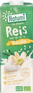 Natumi Bio napój ryżowy waniliowy w zielonym kartonie, z kwiatem wanilii, bez laktozy i glutenu.