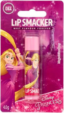 Balsam Lip Smacker Disney Princess Rapunzel Magical Glow Berry w różowym blistrze z brokatem, widok z przodu.