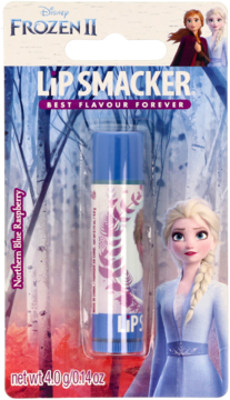 Frozen II Lip Smacker, Northern Blue Raspberry, with Elsa on blue blister pack, front view, 4.0g.