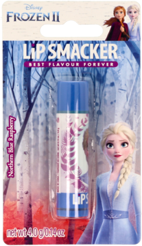 Frozen II Lip Smacker, Northern Blue Raspberry, with Elsa on blue blister pack, front view, 4.0g.