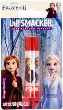 Czerwony balsam Lip Smacker Frozen II o smaku truskawkowym, na blistrowym opakowaniu z Anną i Elsą.