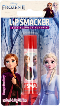 Czerwony balsam Lip Smacker Frozen II o smaku truskawkowym, na blistrowym opakowaniu z Anną i Elsą.