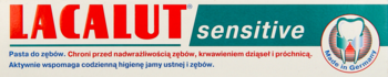 Pasta do zębów Lacalut Sensitive, beżowo-zielone opakowanie z czerwonym napisem, widok z przodu.