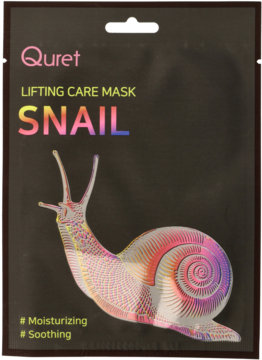 Czarne opakowanie maski Quret Snail z hologramowym ślimakiem. Nawilżająca, ujędrniająca, widok z przodu.