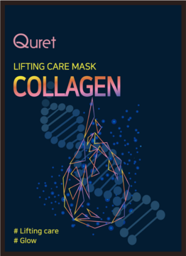 Quret Lifting Care Collagen Mask w ciemnym opakowaniu, z tęczowym napisem, błyszczącą geometryczną kroplą. Widok z przodu.
