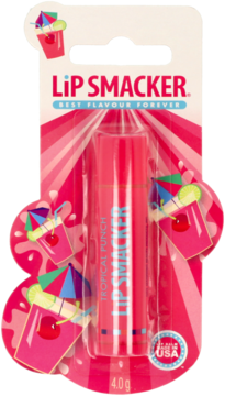 Różowy balsam do ust Lip Smacker Tropical Punch w blistrze, widok z przodu, z logo i grafiką koktajli.