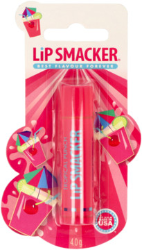 Różowy balsam do ust Lip Smacker Tropical Punch w blistrze, widok z przodu, z logo i grafiką koktajli.