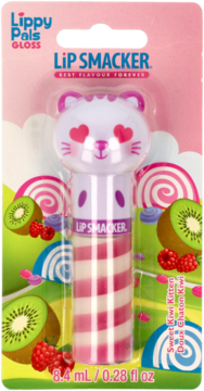 Lip Smacker Lippy Pals Sweet Kiwi Kitten gloss w blisterze, różowo-biała tubka i fioletowa główka kotka.