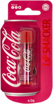 Lip Smacker Coca-Cola Cherry balsam w różowym blistrze w kształcie puszki, lśniące opakowanie, widok przód.