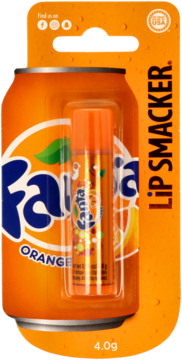 Lip Smacker balsam do ust Fanta Orange, w blistrze z pomarańczową puszką, widok z przodu, 4.0g.