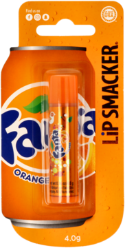 Lip Smacker balsam do ust Fanta Orange, w blistrze z pomarańczową puszką, widok z przodu, 4.0g.