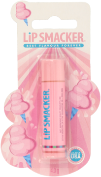 Front view of a pink Lip Smacker cotton candy lip balm in a playful pink and white blister pack with cone graphics.