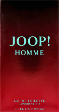 JOOP! Homme woda toaletowa, opakowanie 200ml z czerwono-czarnym gradientem i jasnoniebieskim napisem, ujęcie frontalne.