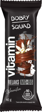 Czarny baton Dobry Squad Vitamin Relaks Wanilia 40g z MG+B6, z pionowym napisem vitamin i grafiką wanilii.