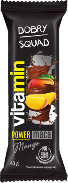 Czarny baton Dobry Squad Vitamin Power Maca Mango, 40g, z czekoladą i mango, bez cukru, widok przód.