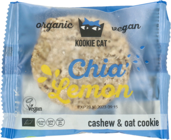 Kookie Cat Organic Vegan Chia Lemon cookie w przezroczystej folii z niebieskimi elementami, z przodu, widoczne nasiona chia i owies.