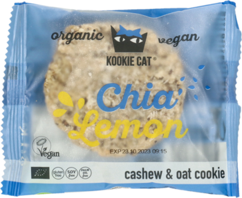 Kookie Cat Organic Vegan Chia Lemon cookie w przezroczystej folii z niebieskimi elementami, z przodu, widoczne nasiona chia i owies.