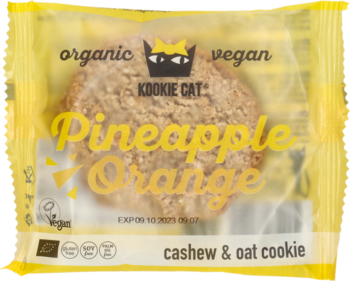 Kookie Cat organiczne wegańskie ciasteczko Pineapple Orange owsiane z nerkowcami, w żółtej transparentnej folii.