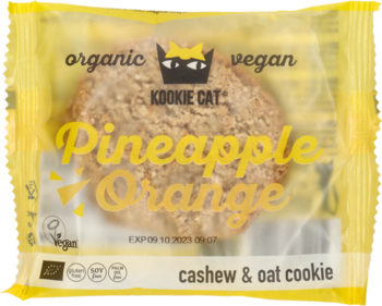 Kookie Cat organiczne wegańskie ciasteczko Pineapple Orange owsiane z nerkowcami, w żółtej transparentnej folii.