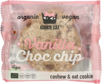 Kookie Cat organiczne wegańskie ciastko waniliowe z kawałkami czekolady, w różowym opakowaniu foliowym, z przodu.