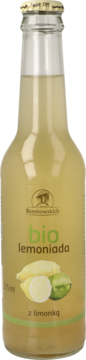 Widok z przodu butelki bio lemoniady Rambowskich z limonką 375 ml, jasnożółty napój, beżowa etykieta.