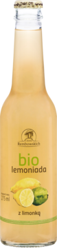 Szklana butelka BIO lemoniady z limonką 275 ml. Jasnożółty napój, etykieta z cytrynami, limonką i zielonymi detalami.