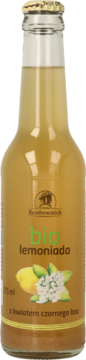 Bio lemoniada z kwiatem czarnego bzu 375ml w szklanej butelce z etykietą cytryn i bzu, widok z przodu.