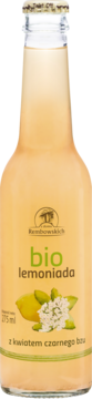 Bio lemoniada z kwiatem czarnego bzu w szklanej butelce 375ml, widok z przodu, z grafiką cytryn.