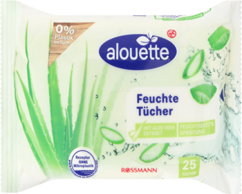 Alouette Feuchte Tücher 25 szt., bardzo delikatne chusteczki nawilżane pH-neutralne, opakowanie z aloesem, z przodu.