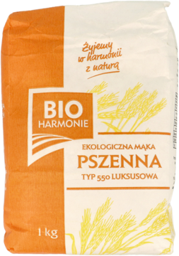 Biało-pomarańczowa torba mąki pszennej Bio Harmonie Typ 550 Luksusowa 1 kg, z motywem kłosów.