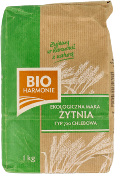 Pionowo ustawiona papierowa torba mąki żytniej Bio Harmonie, brązowo-zielona, z napisem "1 kg" i klasą 720.