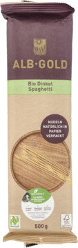 Front opakowania makaronu ALB-GOLD Bio Dinkel Spaghetti 500g. Brązowa torba z grafiką makaronu, opis: w papierze.