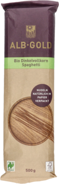 Alb-Gold Makaron orkiszowy razowy spaghetti 500g EKO w brązowym papierowym opakowaniu z okrągłym oknem.