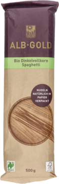 Alb-Gold Makaron orkiszowy razowy spaghetti 500g EKO w brązowym papierowym opakowaniu z okrągłym oknem.