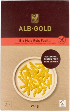 Brunatne opakowanie ALB-GOLD Bio Mais Reis Fusilli, z żółtym organicznym makaronem bezglutenowym na talerzu.