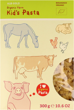 Zielone opakowanie ekologicznego makaronu ALB-GOLD Kid's Pasta w kształcie zwierząt farmy, 300g.